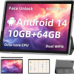 Android 14 Tablet,10 inch Tablets, Octa Core CPU, 10GB+64GB+512GB Expansion, 1280×800 HD IPS Touchcreen Display , Wi-Fi6, Dual Camera, 6000mAh Battery, Bluetooth5, 2 in 1 Tablet PC,Widevine L1