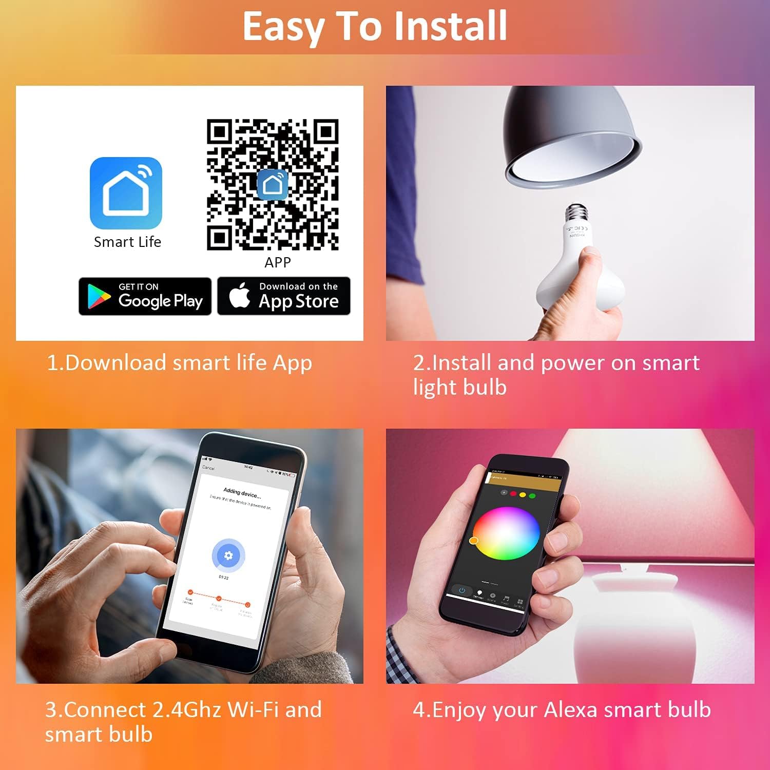 WiFi Smart Light Bulbs 150W Equivalent, 16W Dimmable 1600LM BR30 Flood Smart Bulb Works with Alexa Google Home No Hub, E26 Color Changing LED Alexa Light Bulb, 2700K-6500K RGBCW CRI>90, 4 Pack - Image 9