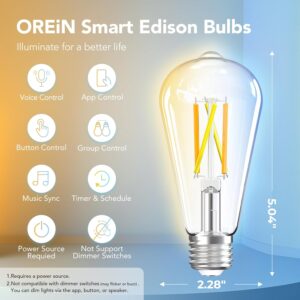 OREiN Smart Edison Light Bulbs, 2.4 Ghz Wi-Fi ST19(58) Vintage Light Bulbs E26, 800LM Dimmable via app, 2700-6500K Tunable, Smart LED Filament Bulb Works with Alexa/Google Home, 60W Equivalent 4Pack