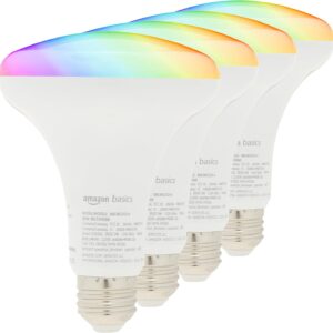 Amazon Basics Smart BR30 LED Light Bulb, Color Changing, 60W Equivalent, 800LM, Works with Alexa Only, 2.4 GHz Wi-Fi, No Hub Required, 4 Pack