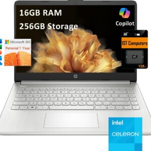 HP 14 Laptop (14″ Anti-glare, Intel Celeron N4120, 16GB RAM, 256GB Storage (128GB eMMC + 128GB IST SD Card)) School & Business, 11Hr Battery Life, 1-Year Office 365, Win 11 Home S w/AI Copilot, Silver