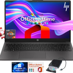 HP 255-G10 Business Laptop Computer – w/Microsoft Office Lifetime & Free CD/DVD Drive – 15.6″ Full HD – Ryzen 3 7330U (Beat Intel i5-1135G7) – Wi-Fi 6 -Win 11 Pro w/Laptop Bundle (32GB RAM | 1TB SSD)
