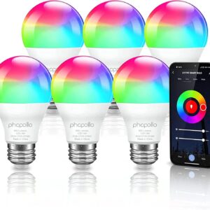 phopollo Smart Light Bulbs, RGBCW WiFi Multicolor Led Light Bulbs Compatible with Alexa & Google Home Assistant, A19 E26 9W 60W Equivalent 800Lumen, App Control, No Hub Required, 6 Pack