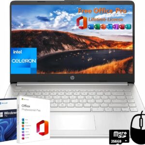 HP 14″ Laptop Computer for Student Business, Office Lifetime License & Windows 11 Pro, Intel Dual-Core N4120, 16 GB RAM, 384 GB Storage(128 GB eMMC+256 GB MSD), Ultra Light, Webcam, Designed Mouse