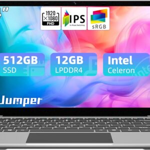 jumper Laptop, 12GB LPDDR4 RAM, 512GB SSD ROM, 14 Inch 1080p FHD IPS Screen, Windows 11 Laptops Computer with Celeron 4-Core Processor, UHD Graphics 600, 2 Stereo Speaker, Portable.