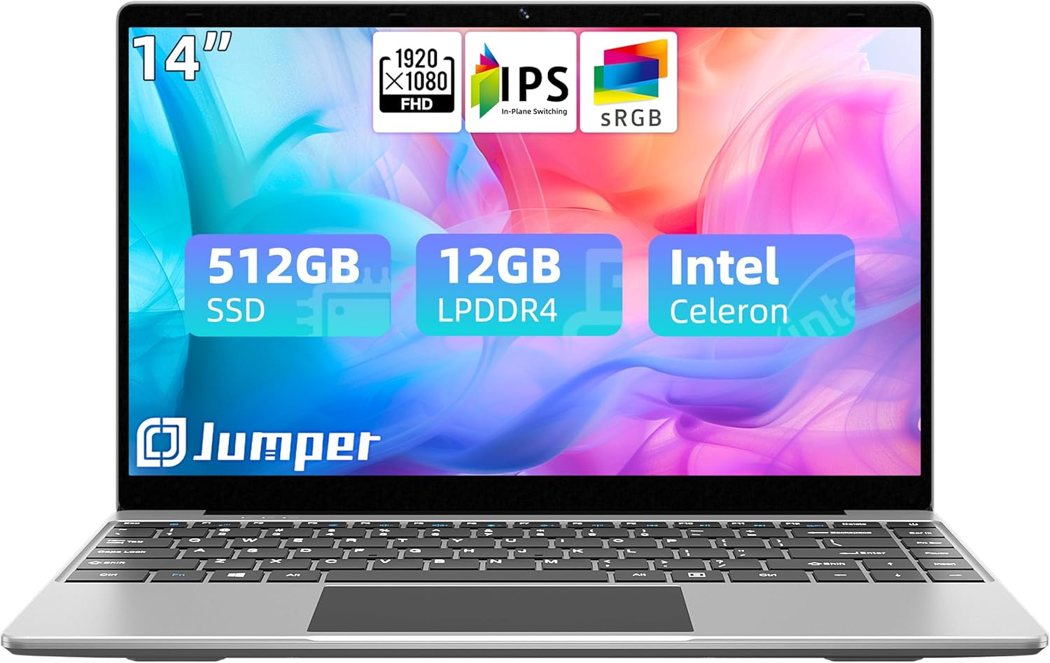 jumper Laptop, 12GB LPDDR4 RAM, 512GB SSD ROM, 14 Inch 1080p FHD IPS Screen, Windows 11 Laptops Computer with Celeron 4-Core Processor, UHD Graphics 600, 2 Stereo Speaker, Portable.