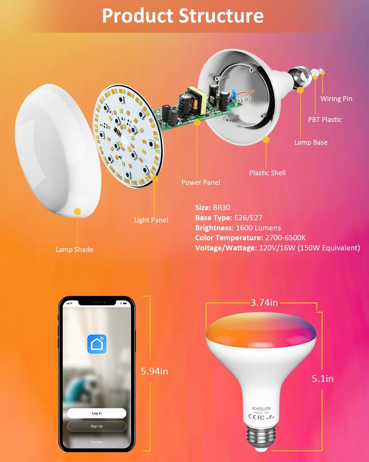 WiFi Smart Light Bulbs 150W Equivalent, 16W Dimmable 1600LM BR30 Flood Smart Bulb Works with Alexa Google Home No Hub, E26 Color Changing LED Alexa Light Bulb, 2700K-6500K RGBCW CRI>90, 4 Pack - Image 8