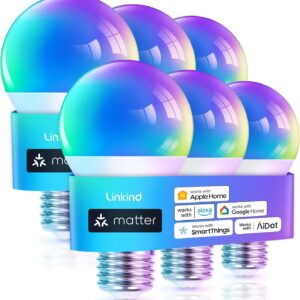 Linkind Matter Smart Light Bulb, WiFi Smart Bulbs, Work with Apple Home, Siri, Alexa, Google Home, SmartThings, RGTBW Color Changing Light Bulbs Mood Light, Music Sync, A19 E26 60W, 2.4Ghz WiFi 6 Pack