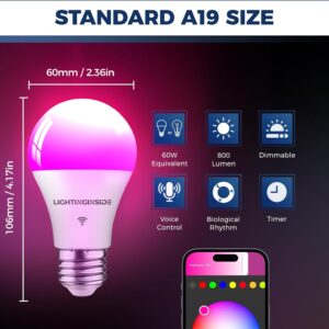 Smart Light Bulbs 60W Equivalent, WiFi Smart Bulb Compatible with Alexa/Google Assistant/Smart Life, A19 E26 RGBCW Color Changing, No Hub Required,2.4G WiFi, ETL Listed, 9W 800LM, 6PCS