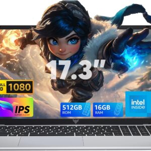 2024 Laptop,17.3-Inch FHD Display Gaming Laptop with Quad Core-12th Alder Lake N97(Up to 3.6GHz), 16GB RAM 512GB ROM Traditional Laptop Computer, 6000Mah Battery,Silver