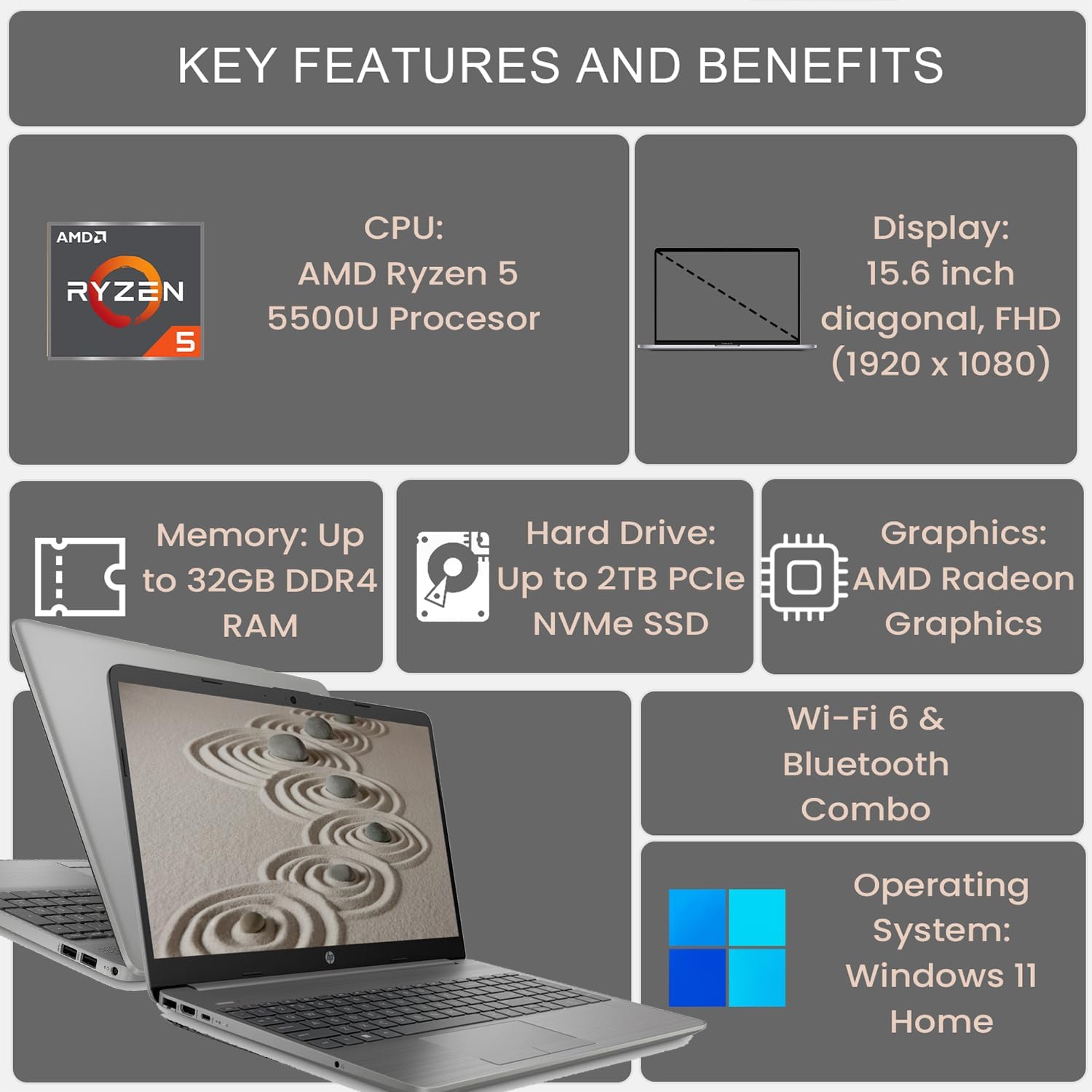 HP Essential 255 G8 Laptop, 15.6" FHD Display, AMD Ryzen 5 5500U, 32GB RAM, 1TB SSD, Webcam, RJ-45, Bluetooth, SD Card Reader, HDMI, Wi-Fi 6, Windows 11 Home, Grey - Image 4