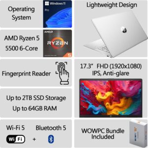 HP 2024 New 17 inch Laptop, AMD Ryzen 5 5500U 6-Cores Processor(Beat i7-1250U), 17″ FHD (1080p) IPS Display, 64GB RAM, 2TB SSD, Fingerprint Reader, Windows 11 Pro, w/WOWPC Recovery USB