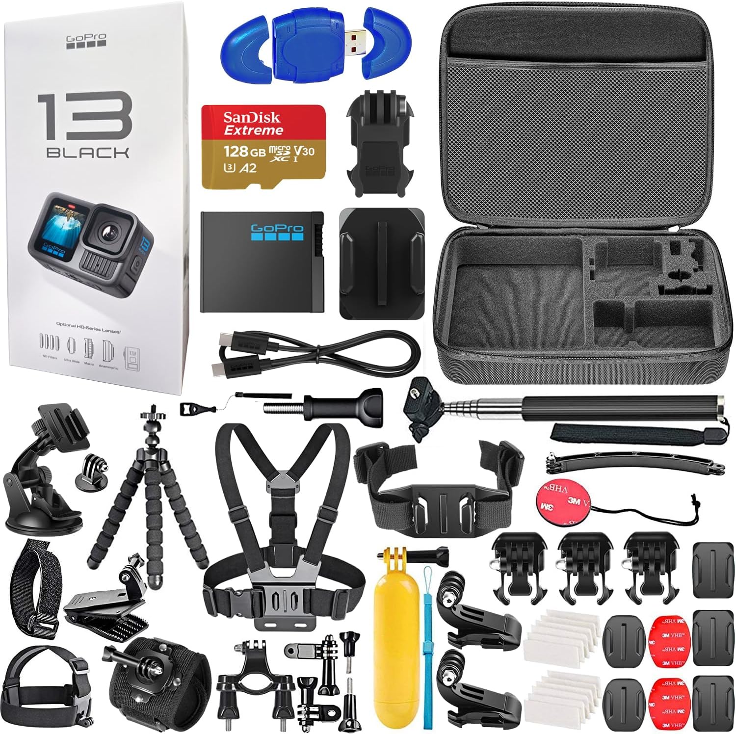 GoPro HERO13 (Hero 13) Black – Waterproof Action Camera with 5.3K Ultra HD Video, 27MP Photos, Live Streaming, Webcam, Stabilization + 128GB Card, 50 Piece Accessory Kit – Bundle
