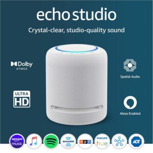 Like-New Echo Studio | Our best-sounding smart speaker ever – With Dolby Atmos, spatial audio processing technology, and Alexa | Glacier White