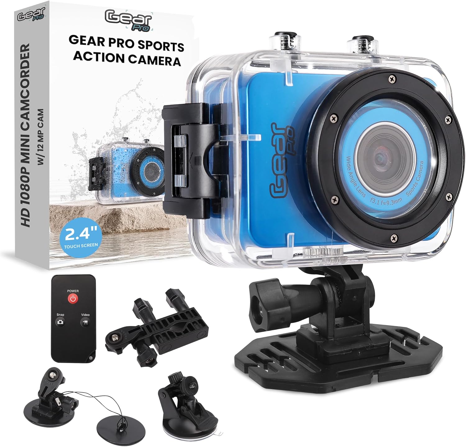 Pyle Gear Pro Sports Action Camera – 1080P Full HD Waterproof Camcorder, 12MP Camera, 2.4″ Touch Screen, USB & HDMI Ports, with Remote Control, 1500mAh Lithium Battery, Mounting Accessories (Blue)