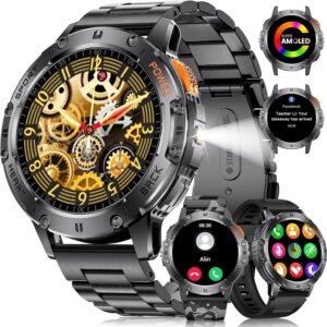 LIGE Military Smart Watches for Men(Answer/Make Call) – 3 Straps,1.43″ HD AMOLED Upgraded Outdor 530mAh Sports Smartwatch with Flashlight/Heart Rate/Sleep Monitor/IP68, Fitness Tracker for Android iOS