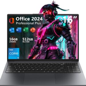TPV 16″ Laptop Computer Intel Core i5, 16GB RAM, 512GB SSD, MS Office 2024, IPS(1920 x 1200) 16:10 Display, Windows 11 Pro Notebook PC with BT5.0 Wi-Fi, 3xUSB A, HDMI, RJ45, Backlit Keyboard, Gray