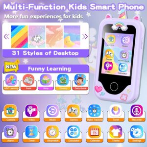 Kids Smart Phone for Girls, Christmas Birthday Gifts for Girls Age 3-10 Kids Toys Cell Phone, 2.8″ Touchscreen Toddler Learning Play Toy Phone with Dual Camera, Game, Music Player, 8GB Card Purple