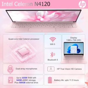 HP Ultralight 14 inch Laptop with Intel 4-Core Processor • with Microsoft 365 and Wireless Earbuds • 16GB RAM • 512GB External & 64GB Onboard & 1TB Cloud Storage • HD Display • Pink • Windows 11