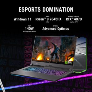 ASUS ROG Strix G17 Gaming Laptop, 17.3″ FHD 144Hz, AMD Ryzen 9 7845HX, GeForce RTX 4070, 64GB DDR5 RAM, 2TB PCIe M.2 SSD, HDMI, USB 3.2 Gen 1, Wi-Fi 6, RGB Backlit Keyboard, Windows 11 Pro, Black