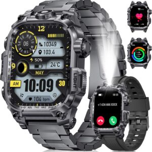 Military Smart Watches for Men(Answer/Make Calls),2.01″HD Screen Outdoor Sports Smartwatch with LED Flashlight,700mAh Battery,Heart Rate/Sleep Monitor Fitness Tracker for Android iOS,100+Sport Modes