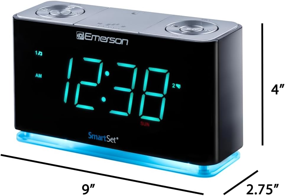 Emerson Smartset Alarm Clock Radio with Bluetooth Speaker with USB Port for iPhone/iPad/iPod/Android and Tablets, 1.4" Cyan LED Display and Night Light, ER100301 - Image 8