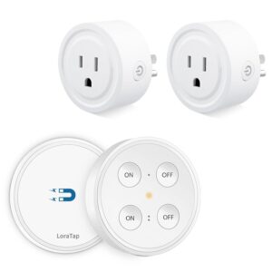 LoraTap Mini Remote Control Outlet Plug Adapter with Remote, 656ft Range Wireless Light Switch for Household Appliances, No Hub Required, 10A/1100W, White, 2 Years Warranty (One Remote + 2 Outlets)