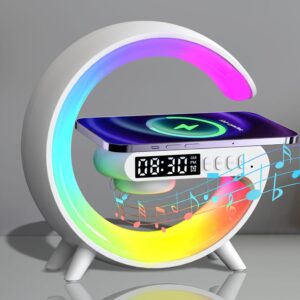 LED Table Lamp with Wireless Charger, Mini G Atmosphere Lamp with Bluetooth Speaker, Night Light Lamp Sunrise Alarm Clock, Smart Light Sound Machine for Bedroom【Mini Size 𝐆𝟔】