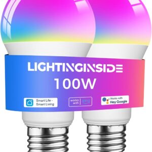 Smart Bulb 100W Equivalent, 1350LM 11W WiFi Light Bulb Compatible with Alexa/Google Assistant/Smart Life, A19 E26 RGBCW Color Changing, No Hub Required, 2.4G WiFi Only, ETL Listed, 2PCS
