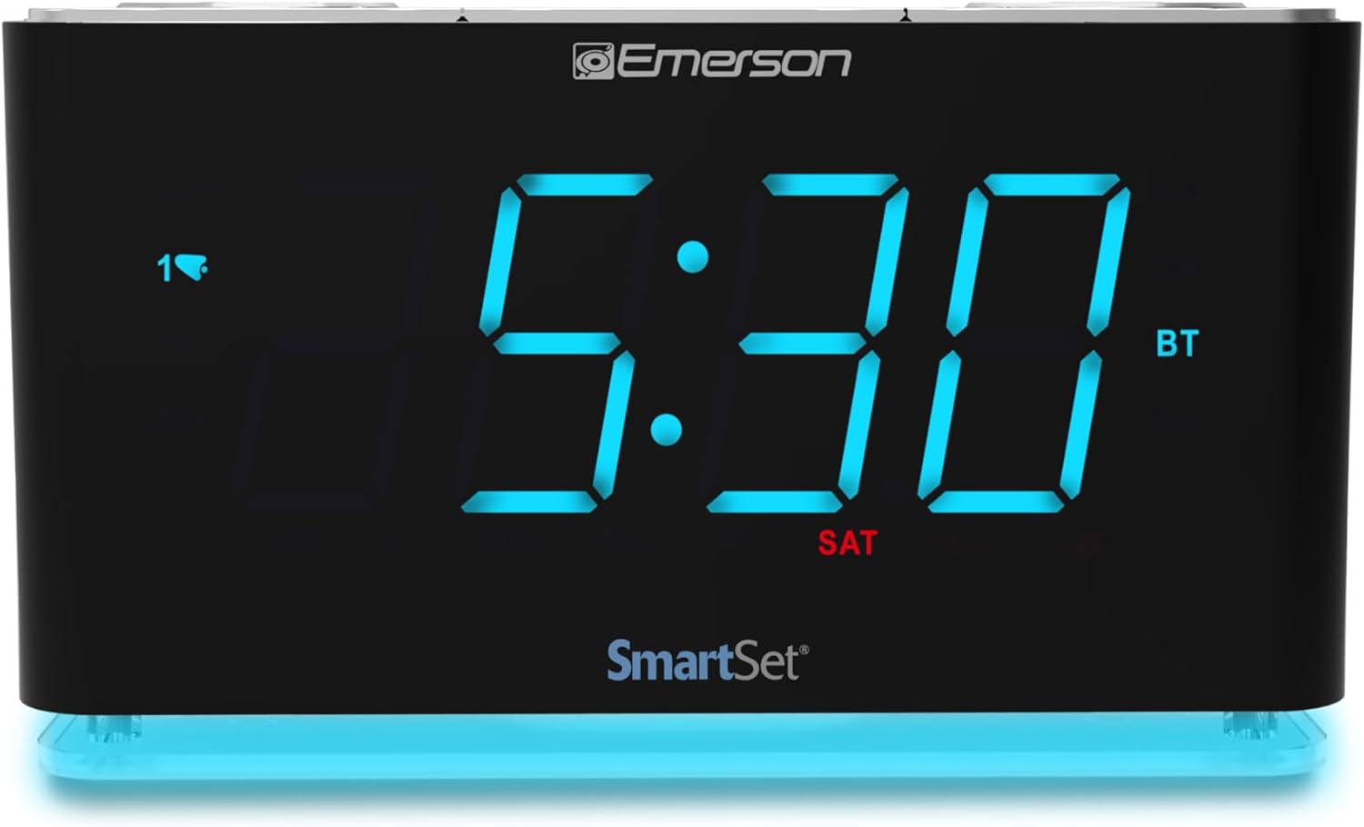 Emerson Smartset Alarm Clock Radio with Bluetooth Speaker with USB Port for iPhone/iPad/iPod/Android and Tablets, 1.4" Cyan LED Display and Night Light, ER100301 - Image 2