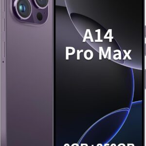 Unlocked Android Phone A14 pro max Smartphone 6GB+256GB Cell Phone 24MP+50MP Camera Pixels 5000mAh Battery for Extended Standby 6.8-inch HD Screen Mobile Phone 5G Dual SIM (Purple)