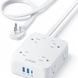 Anker Surge Protector Flat Plug Power Strip 2000J, 5ft Thin Extension Cord with 8 Outlets, 2 USB A and 1 USB C Port, 20W for iPhone15, Wall Mount, Compact for Home, Office, Room, TUV Listed