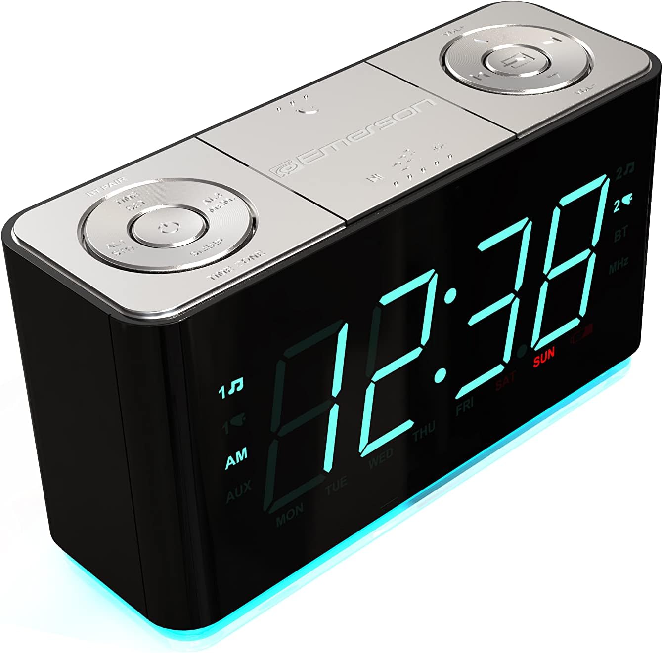 Emerson Smartset Alarm Clock Radio with Bluetooth Speaker with USB Port for iPhone/iPad/iPod/Android and Tablets, 1.4" Cyan LED Display and Night Light, ER100301 - Image 4