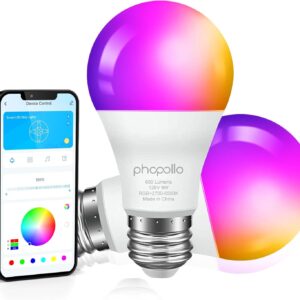 phopollo Smart Bulbs, WiFi Multicolor Led Light Bulbs Compatible with Alexa & Google Home Assistant, A19 E26 9W 60W Equivalent 800Lumen, App Control, No Hub Required, 2 Pack