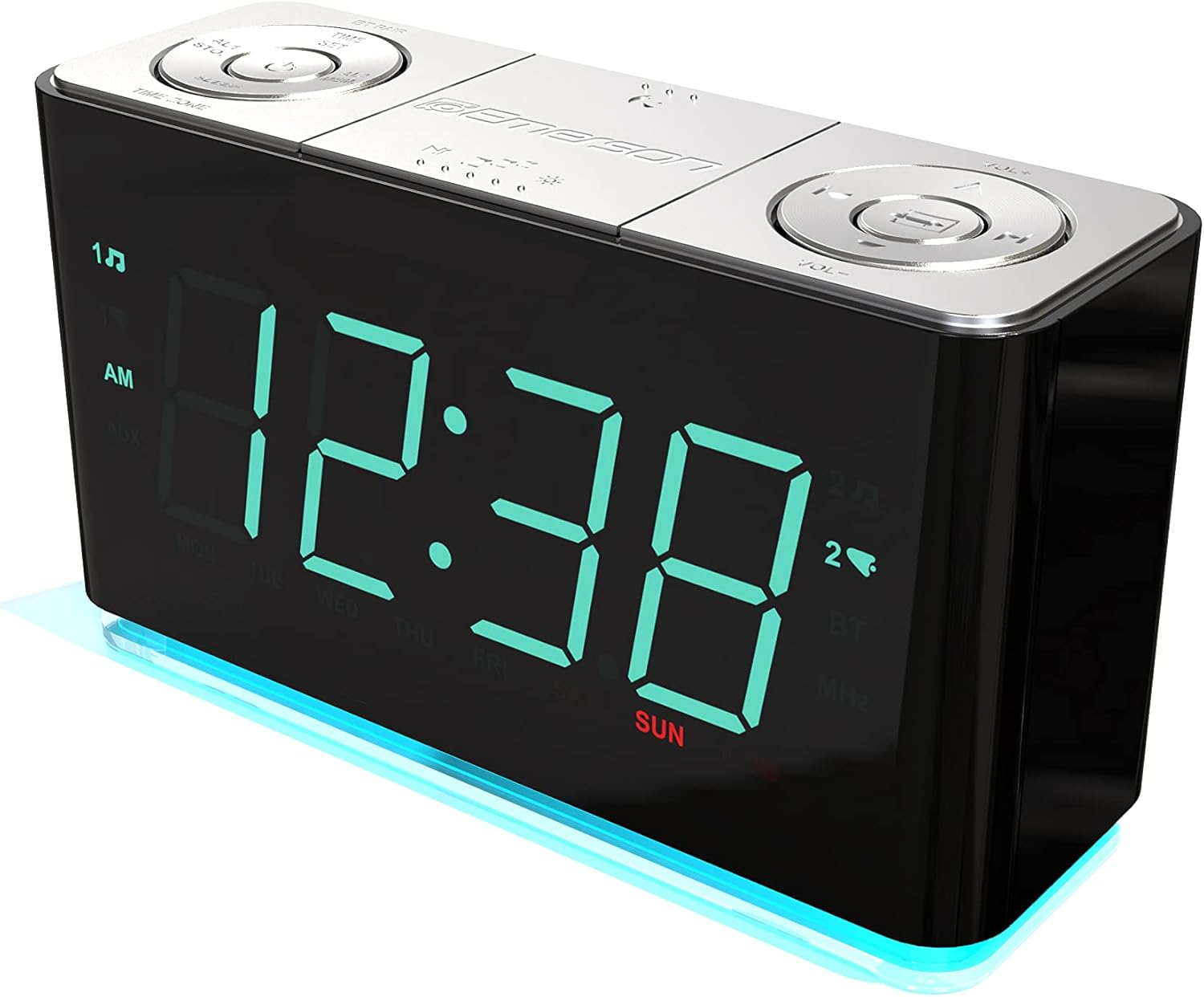 Emerson Smartset Alarm Clock Radio with Bluetooth Speaker with USB Port for iPhone/iPad/iPod/Android and Tablets, 1.4" Cyan LED Display and Night Light, ER100301 - Image 3