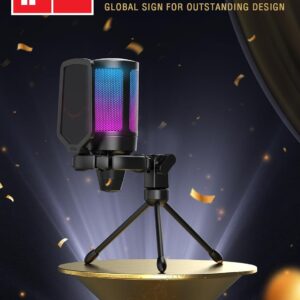 FIFINE Gaming USB Microphone for PC PS5, Condenser Mic with Quick Mute, RGB Indicator, Tripod Stand, Pop Filter, Shock Mount, Gain Control for Streaming Discord Twitch Podcasts Videos- AmpliGame