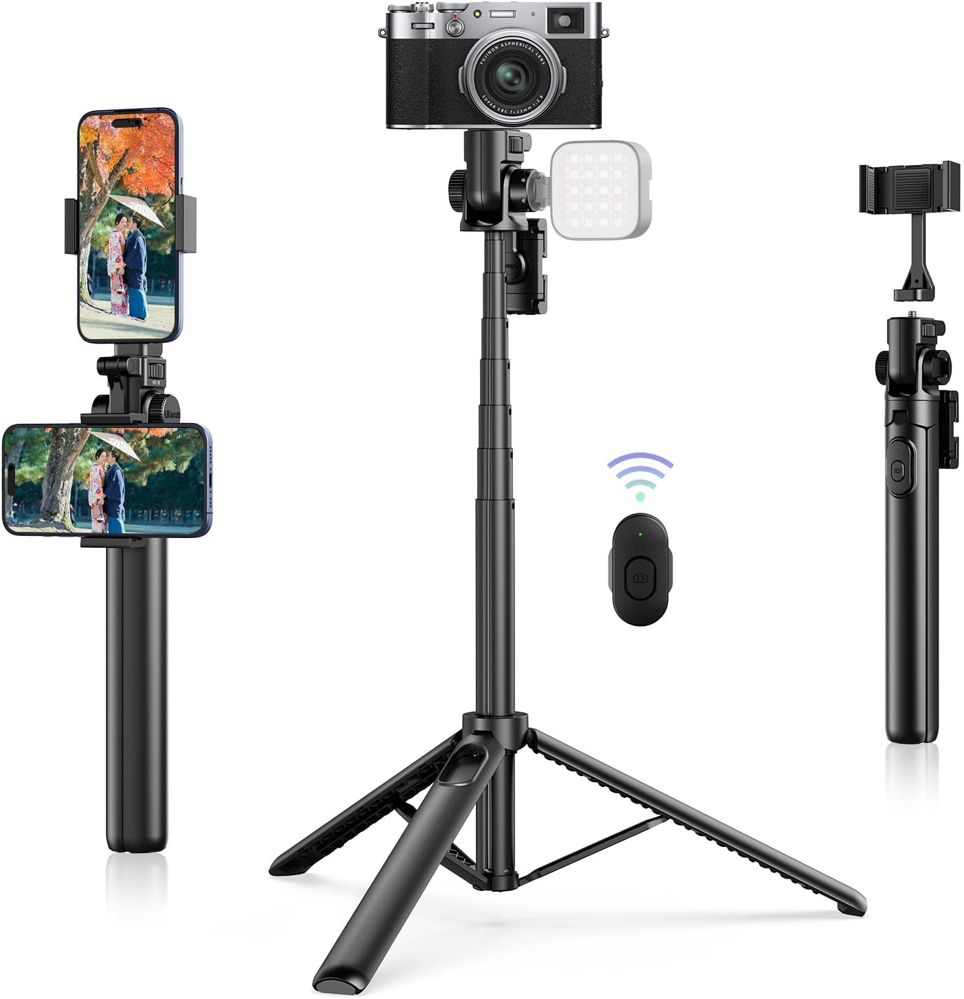 ULANZI MT-70 Extendable Phone Tripod, 63″ Selfie Stick Phone Vlog Tripod Stand with 2 Phone Clip, 360° Rotate Dual Camera Tripod for iPhone Sony Canon Action Camera, Lightweight for Travel