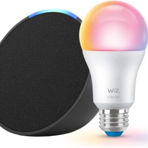 Echo Pop with WiZ 60W A19 LED Smart Color Bulb – Connects to Your Wi-Fi – E26 Base – Control with Voice or App – Matter Compatible