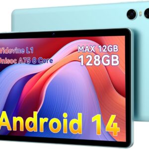 Android 14 Tablets, 10 Inch Tablet, P10 Tablet 12GB RAM+128GB ROM(TF 1TB), Unisoc A75 8 Core CPU, Widevine L1, 1280×800 IPS HD Touch Screen, 6000mAh, Three Cameras, BT 5.0, WiFi