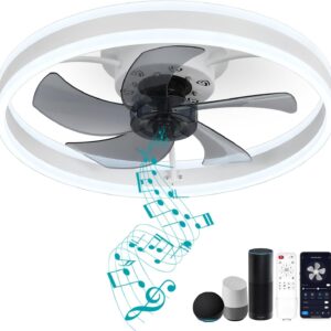 DewShrimp Low Profile Ceiling Fan, Bladeless Ceiling Fan with Speaker, 19.8″ Smart Ceiling Fan Compatible with Alexa/Google Assistant/App Control, 6 Speed Flush Mount Ceiling Fan Dimmable LED Lights