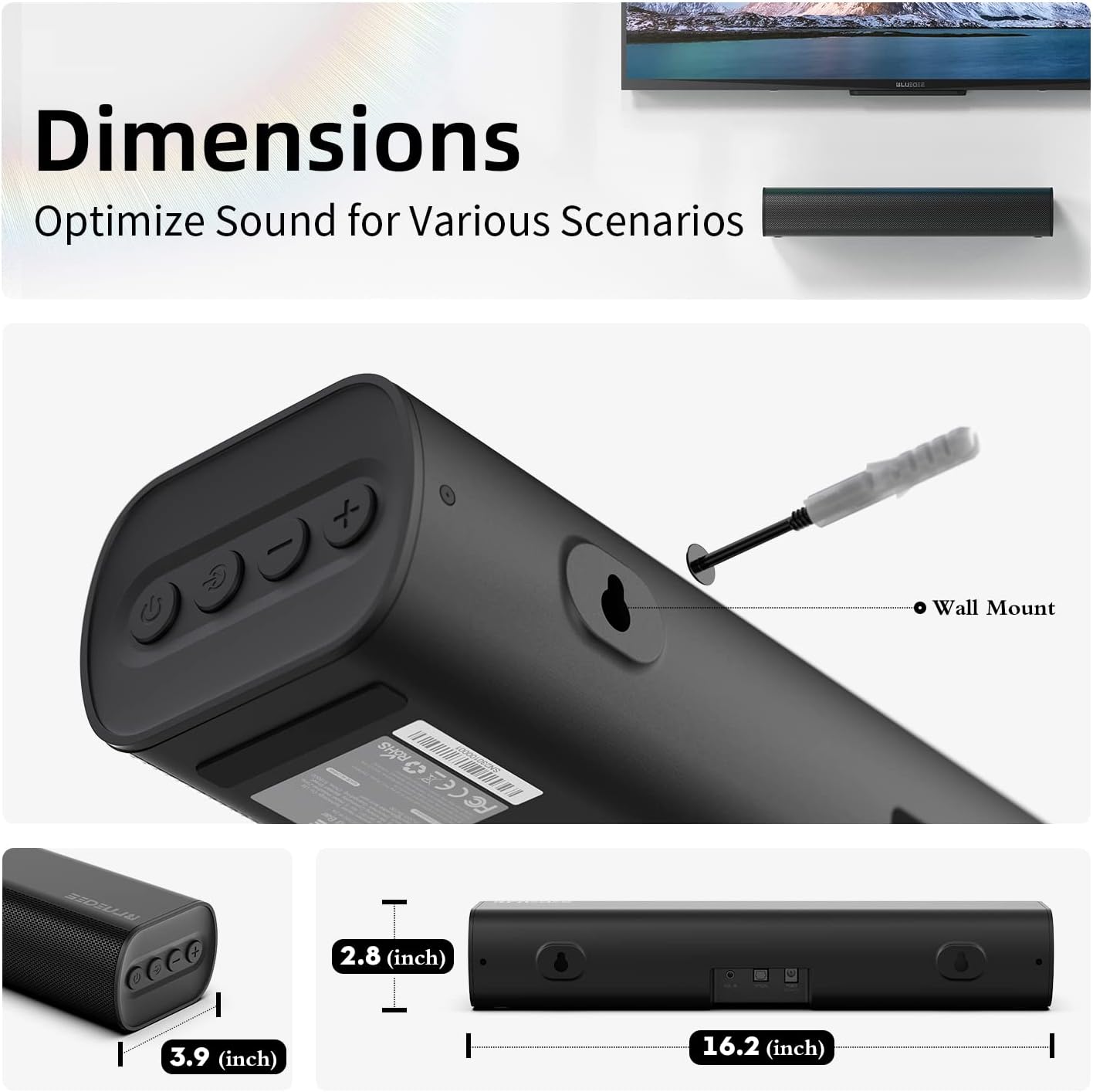 Sound Bars for TV 16-inch, Cinematic TV Bluetooth Sound Bar with Impactful Bass with Remote Control, Wall Mountable Sound Bar Work with Traditional or Smart TV, Computer - Image 6