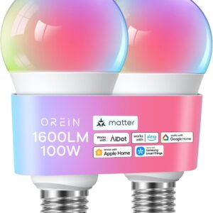 OREiN Matter Smart Light Bulb, 1600 Lumens 100W Equivalent Smart Light Bulbs, Color Changing Light Bulbs Work with Apple Home, Alexa, Google Home, SmartThings, A21 Smart Bulbs 2.4Ghz WiFi, 2Pack