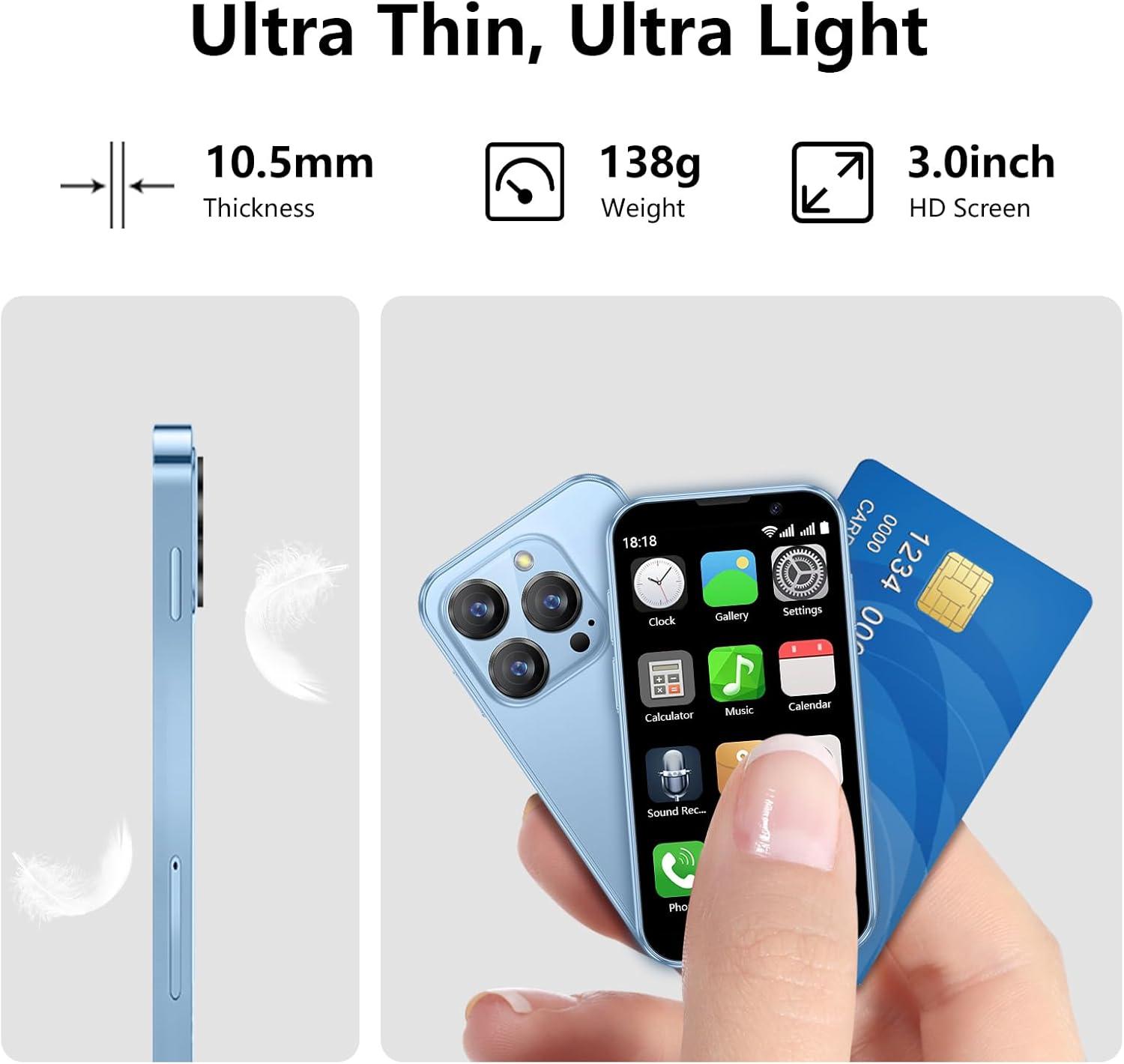 Mini Phone 3G Unlocked Small Smartphone with 2GB+16GB, 3.0" HD Touch Screen,Dual SIM, Pocket Cellphone, Best Gift for Kids, Mini Phone for Kids - Blue - Image 2