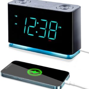 Emerson Smartset Alarm Clock Radio with Bluetooth Speaker with USB Port for iPhone/iPad/iPod/Android and Tablets, 1.4″ Cyan LED Display and Night Light, ER100301