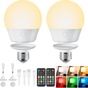 Brightown E26 Rechargeable Light Bulb with Remote and Timer, Battery Backup Bulb for Sconces and Lamps, E26 Detachable Charging for Non-Hardwired Fixture, 3 Color Temperatures + 9 RGB Colors, 2 Pack