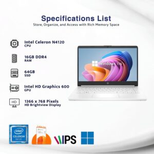 HP Stream 14″ HD Thin and Light Laptop, Intel Celeron N4120, 16GB RAM, 64GB eMMC Storage, Long Battery Life, HD Webcam, HDMI, White, Office 365 1-Year, Windows 11 S, 128GB Cuertns MicroSD