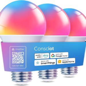 Consciot Smart Light Bulbs, WiFi Bluetooth Color Changing LED Light Bulb, Music Sync, 60W Equivalent Smart Bulb, A19 E26 RGBTW Light Bulbs That Works with Alexa/Google Home/Apple Home/Siri, 3 Pack