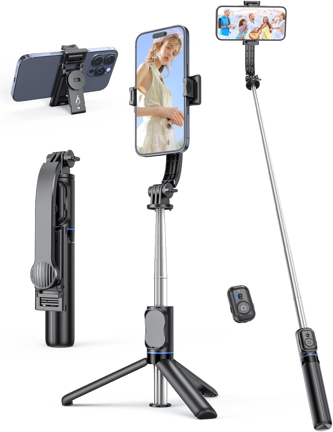 Selfie Stick Tripod with Detachable Phone Holder, 41.7″ Extendable Phone Tripod with Remote, 360° Rotatable Tripod Stand for iPhone, Samsung, and Android Smartphones (Black)