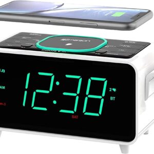 Emerson Smartset Dual Alarm Clock FM Radio with Wireless Charging, Bluetooth Speaker, Ultra Fast Charging for Airpods/iPhone, Foldable Stand, USB Charger, Adjustable LED Glow, ER100501