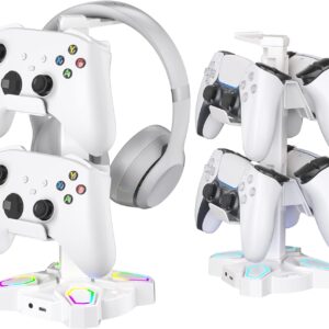 KDD Gaming Headphones Stand, Rotatable Headset Stand with Light Modes – Controller Holder with 2 USB Charging Ports and 3.5mm – Earphone Hanger Accessories for Desktop Gamer(White)